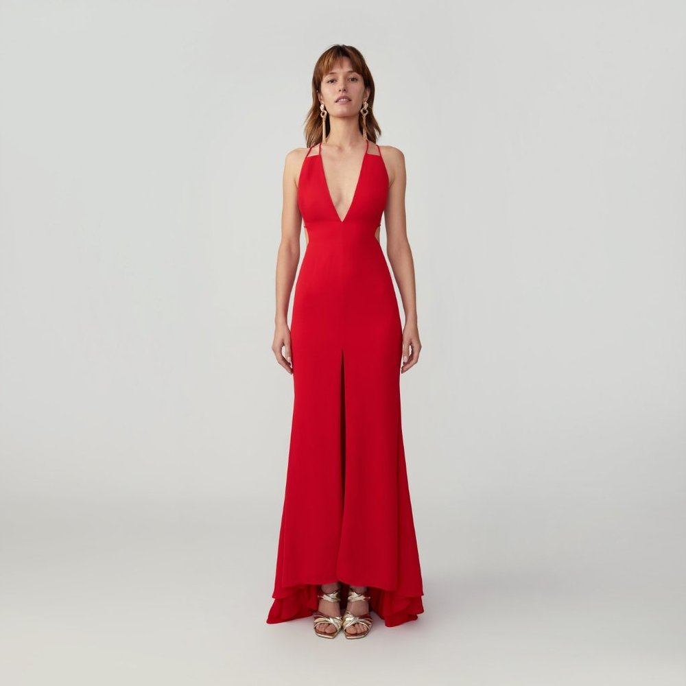 NWT Fame & Partners Dress Maxi Red V Neck Strappy Slit Gown (Surreal Dreamer?)